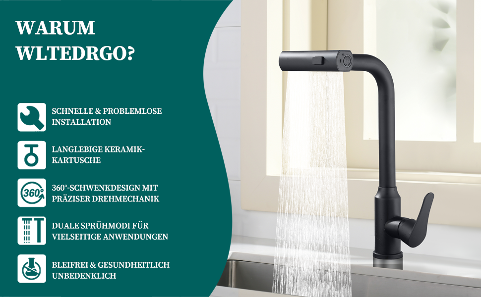 Кухонний змішувач водопровідний висувний з душем, 3 режими, 360° поворот, чорний, нержавіюча сталь