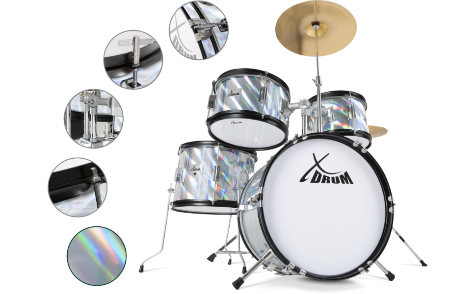 XDrum Junior Pro Kinder барабанний комплект Red - для дітей 5-9 років - з аксесуарами та навчальним посібником (Laser Silver, Single)
