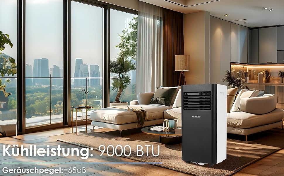 Мобільний кондиціонер Echos 3-в-1 з Wi-Fi, 9000 BTU, з витяжним шлангом, таймером 24h, пультом керування. Функції: охолодження, вентиляція, осушувач.