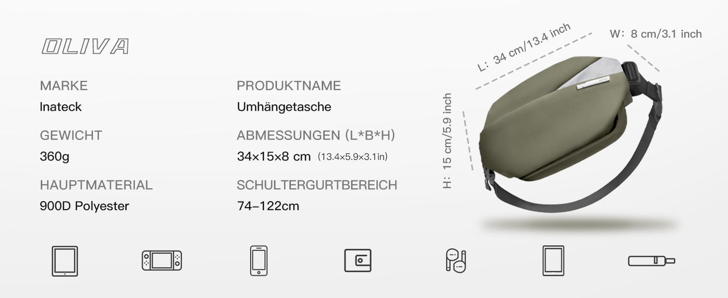 Сумка на плече Inateck, оливковий колір, водонепроникна, для чоловіків та жінок