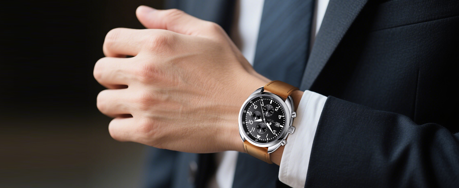 Чоловічий годинник SAPPHERO: кварцовий, аналоговий, з шкіряним ремінцем. Класичний бізнес-годинник, водостійкий (50 м), з арабськими цифрами, хронограф, чорний колір. Модель 2215