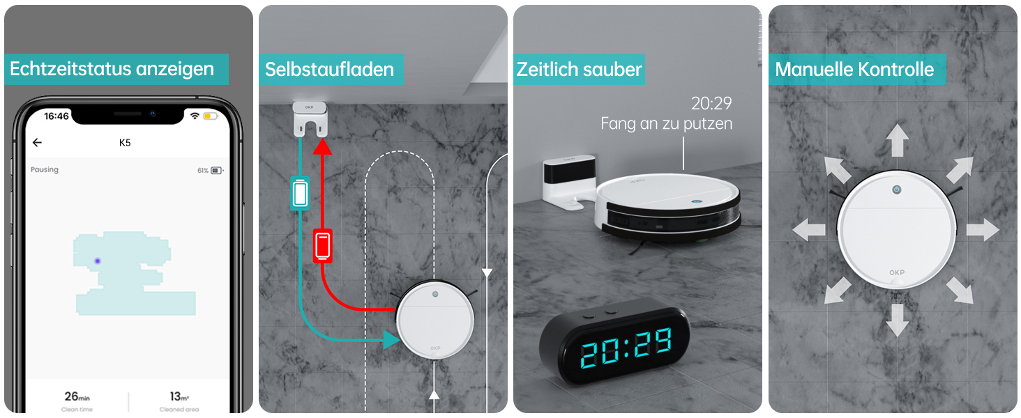 Робот-пилосос OKP K5 з потужністю 5000Pa, навігацією, HEPA-фільтром, Wi-Fi та для тварин, килимів та твердих підлог