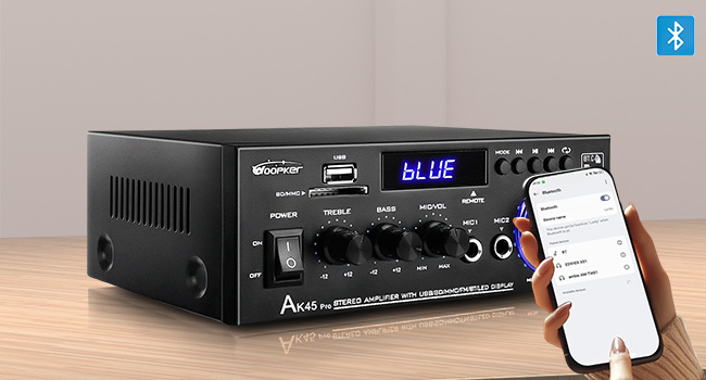 HiFi підсилювач WOOPKER AK45 Pro, 500 Вт, Bluetooth, 2-канальний, стерео, міні аудіо ресивер з FM-радіо, USB/SD/AUX/RCA/MIC входами, 12В/220В для колонок