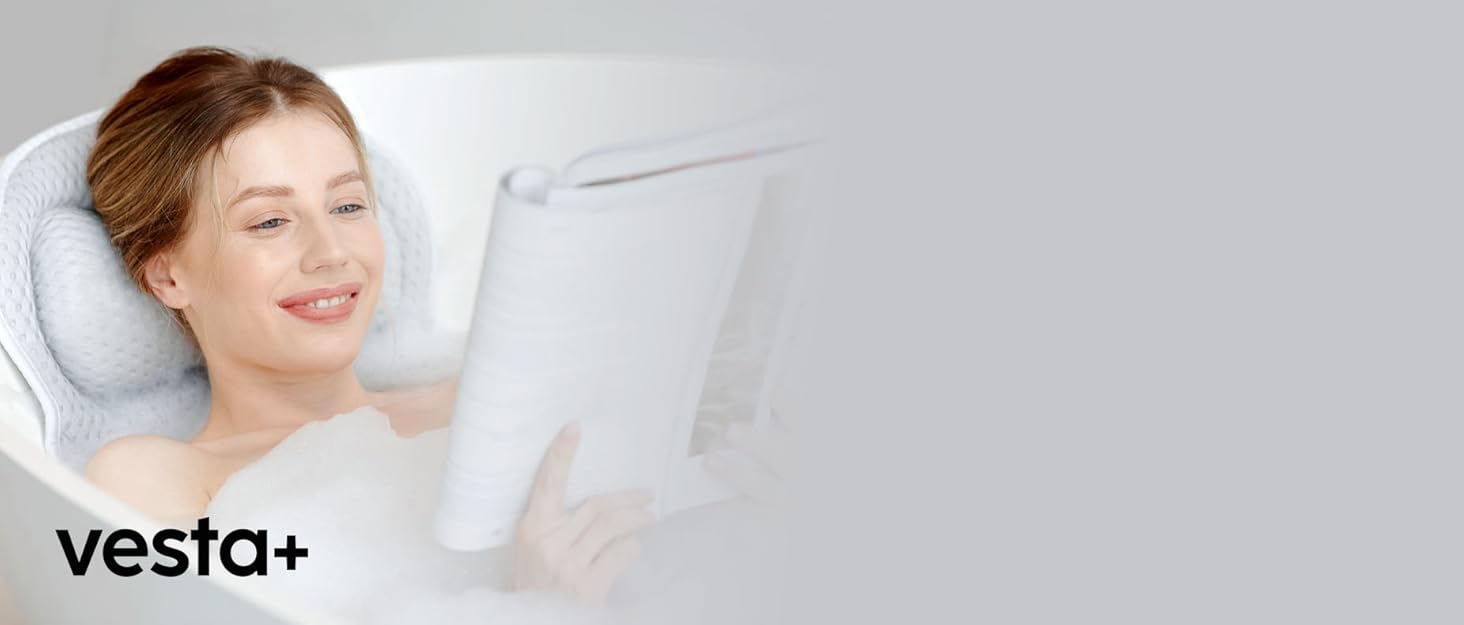 Vesta+ Grey Bath Pillow with Suction Cups - Tested Winner - Neck & Back Support - Non-Slip Bath Cushion for Bathtub & Shower