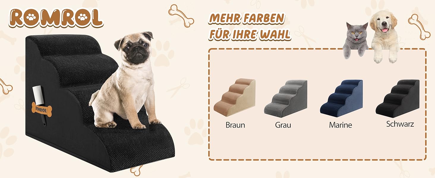 Сходинки для собак та котів ROMROL – 4 сходинки, чорного кольору, з неслизьким покриттям, Memory Foam, для захисту суглобів, легко миються