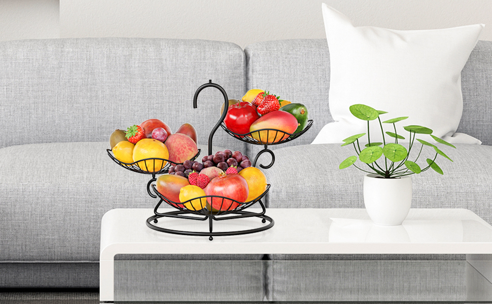 PouHenier 5-ярусна металева фруктова корзина для зберігання фруктів та овочів, чорного кольору з підставкою для бананів