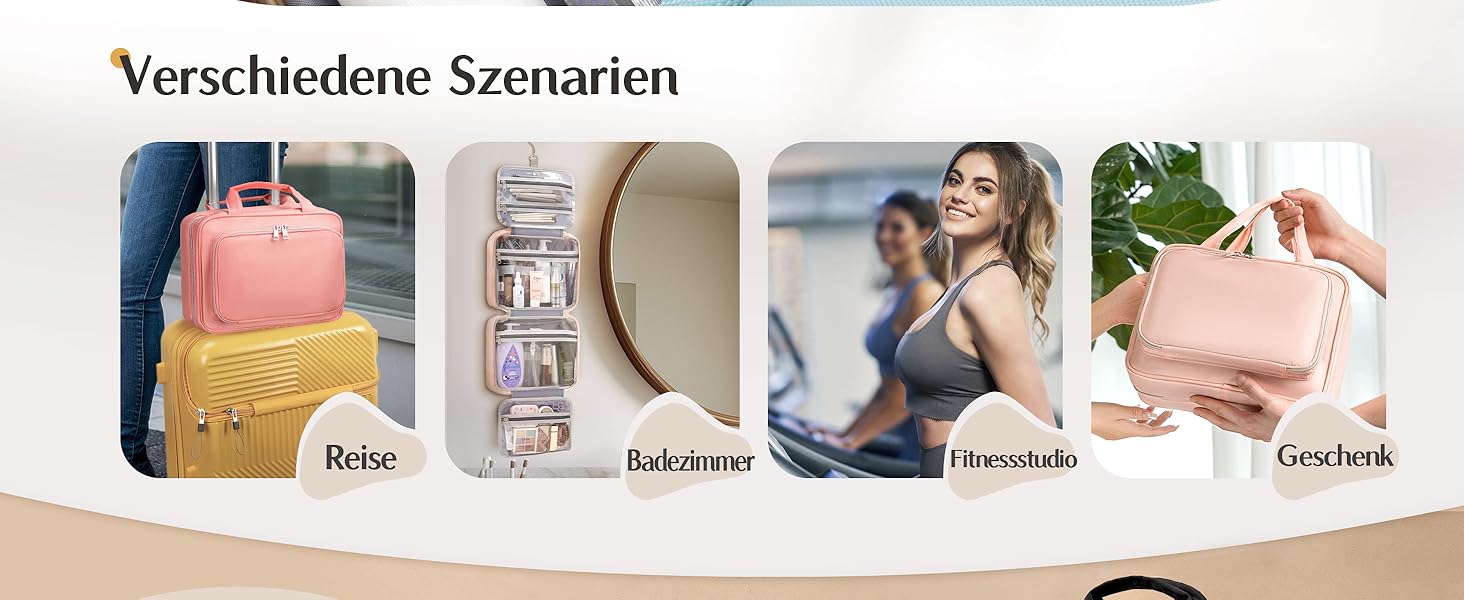 Косметичка для подорожей з петлею для підвішування для жінок – водонепроникна, з прозорим вікном, легка, рожева, середнього розміру (30x23x10 см)