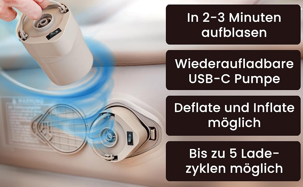 Надувне ліжко Aerios для 2 осіб з вбудованим USB-C насосом | Преміум гостьове ліжко без кабелю живлення | Надувне ліжко - виберіть розмір! Бежевий двоспальний