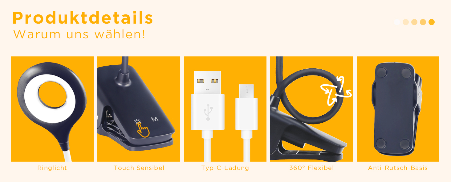 Нічник Akynite 3W на прищіпці, LED лампа для ліжка з акумулятором, USB-C зарядка, 5 кольорів, диммер, 28 LED, чорний