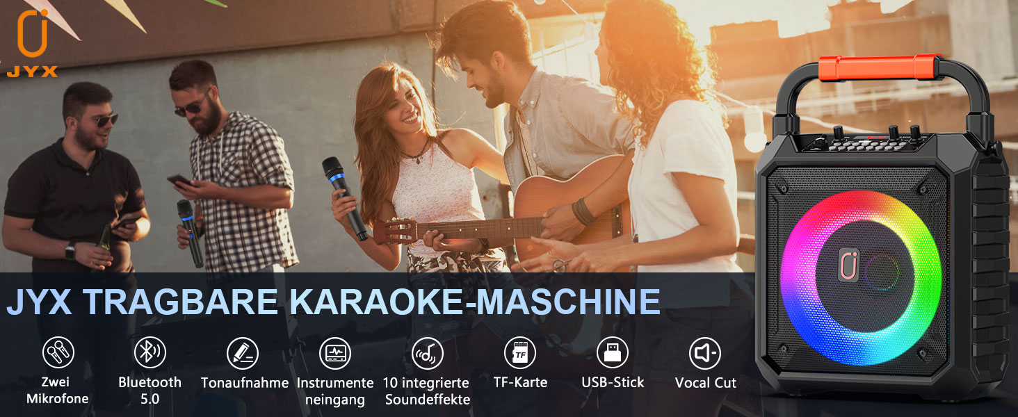 Караоке машина JYX з 2 бездротовими мікрофонами, портативна Bluetooth колонка з RGB-підсвіткою, караоке система для дому, вечірки, PA-система для дорослих, Partybox чорного кольору