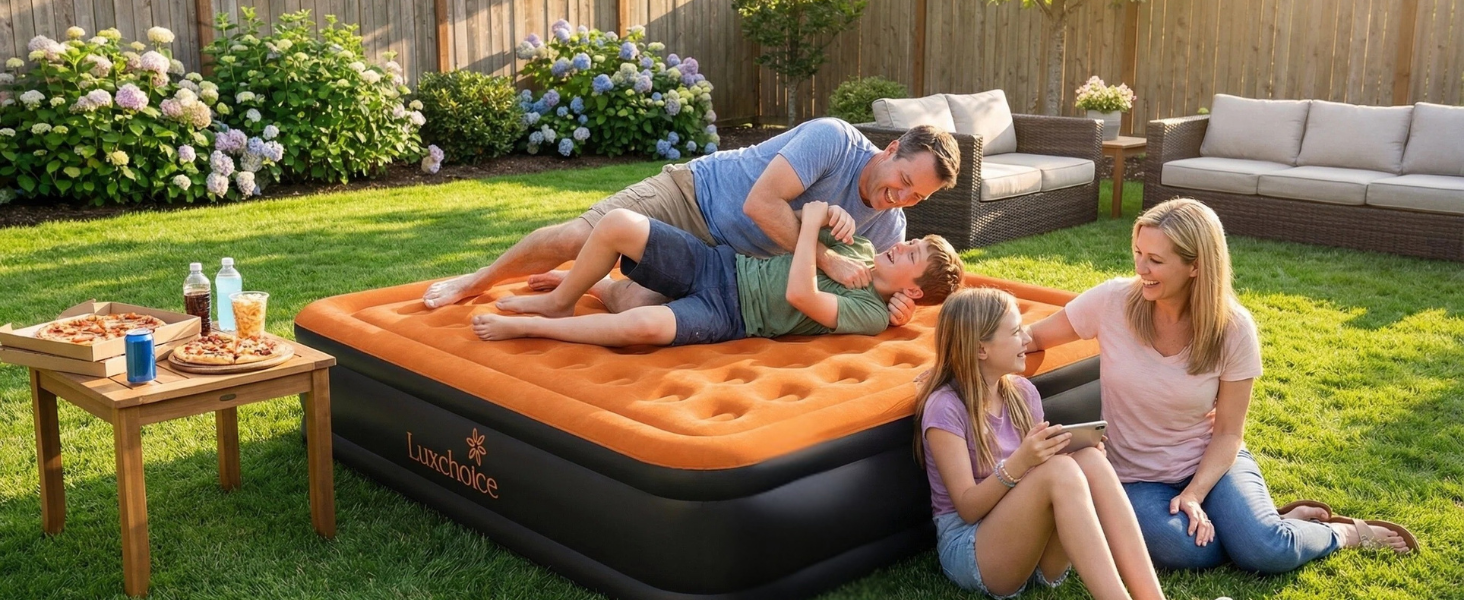 Надувний матрац Luftbett 2-місний з електронасосом, 203x152x40 см, до 300 кг, помаранчевий