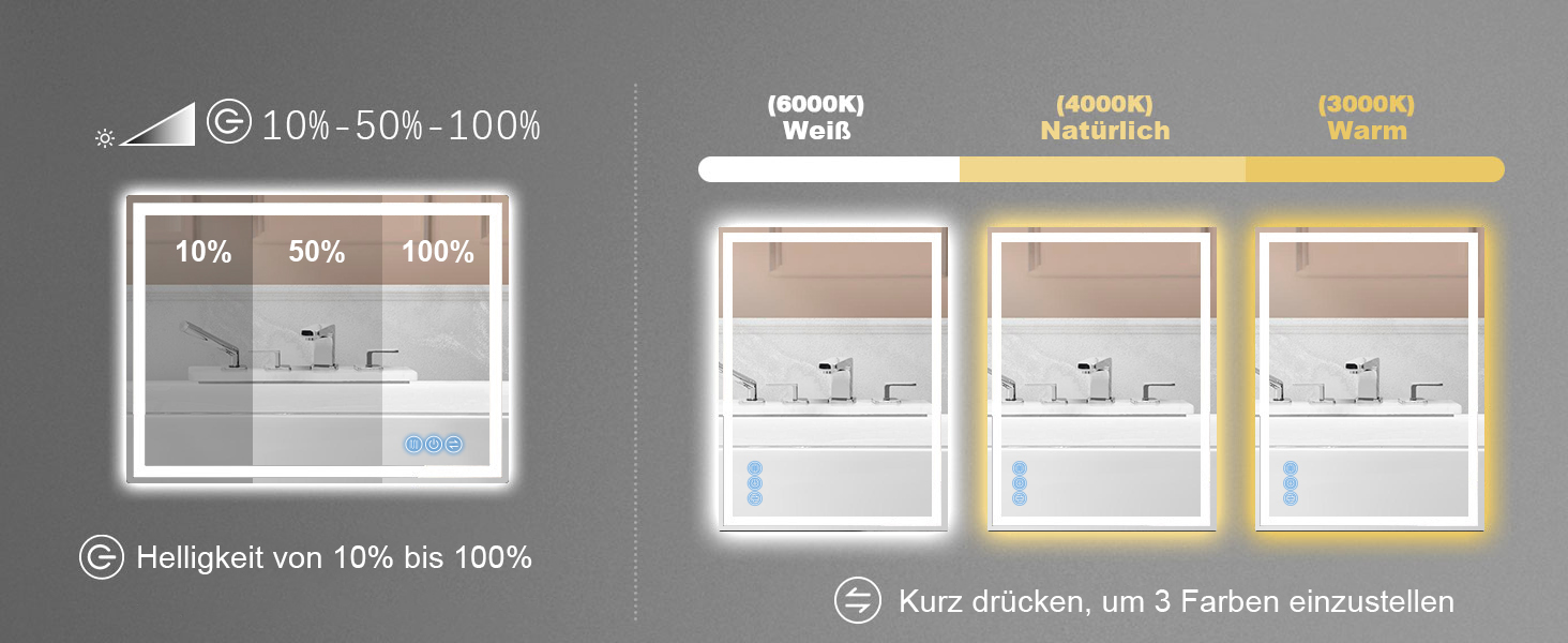 Дзеркало для ванної кімнати з підсвічуванням 100x60 см Faw Halo Double, HD скло, сенсорні кнопки, IP65, 3 кольори, вертикальна/горизонтальна орієнтація, функція пам'яті