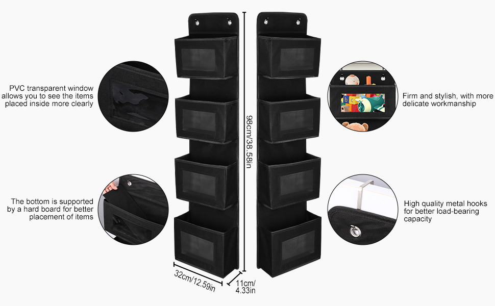 Настінна вішалка-органайзер на двері з 4 великими кишенями та прозорим вікном, 2 металеві гачки, чорний колір, для спальні, офісу, дитячої кімнати