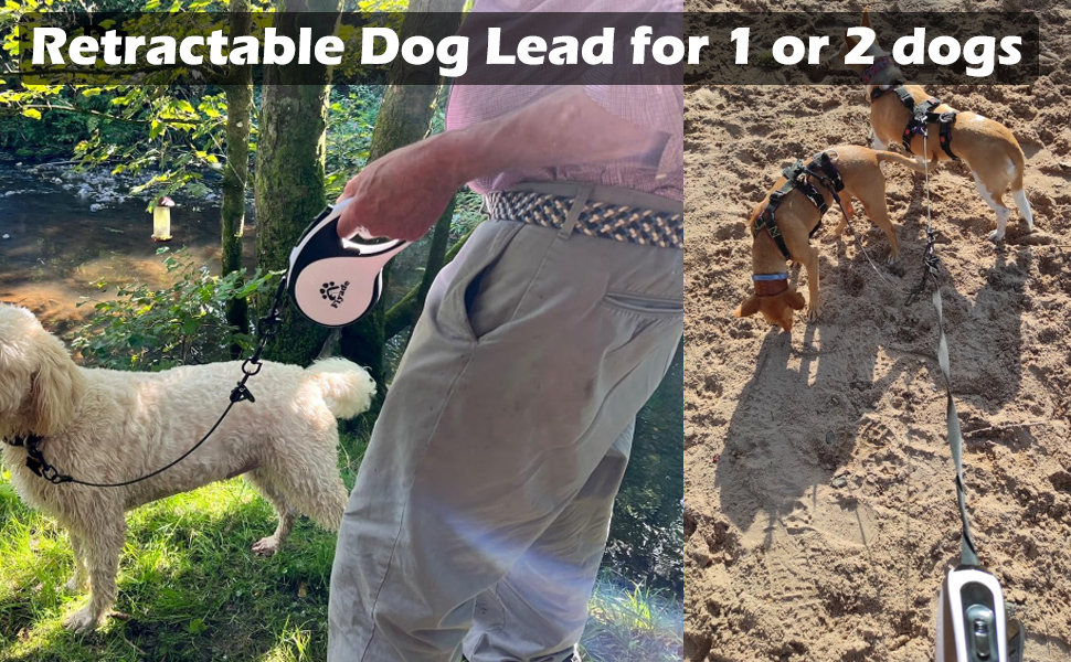 Висувна поводок для собак, 5 м, подвійний поводок для 2 собак, для собак середніх та великих порід до 50 кг, білий та чорний