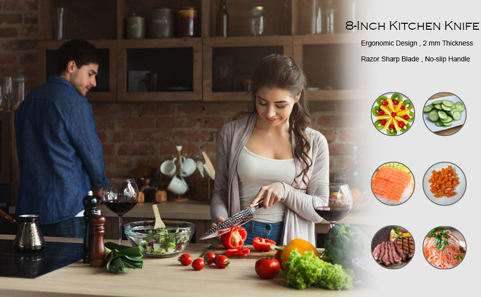 Ніж кухарський Aroma House 8 дюймів (20 см) з дамаської сталі, професійний, для м'яса та кухні, з ергономічною ручкою