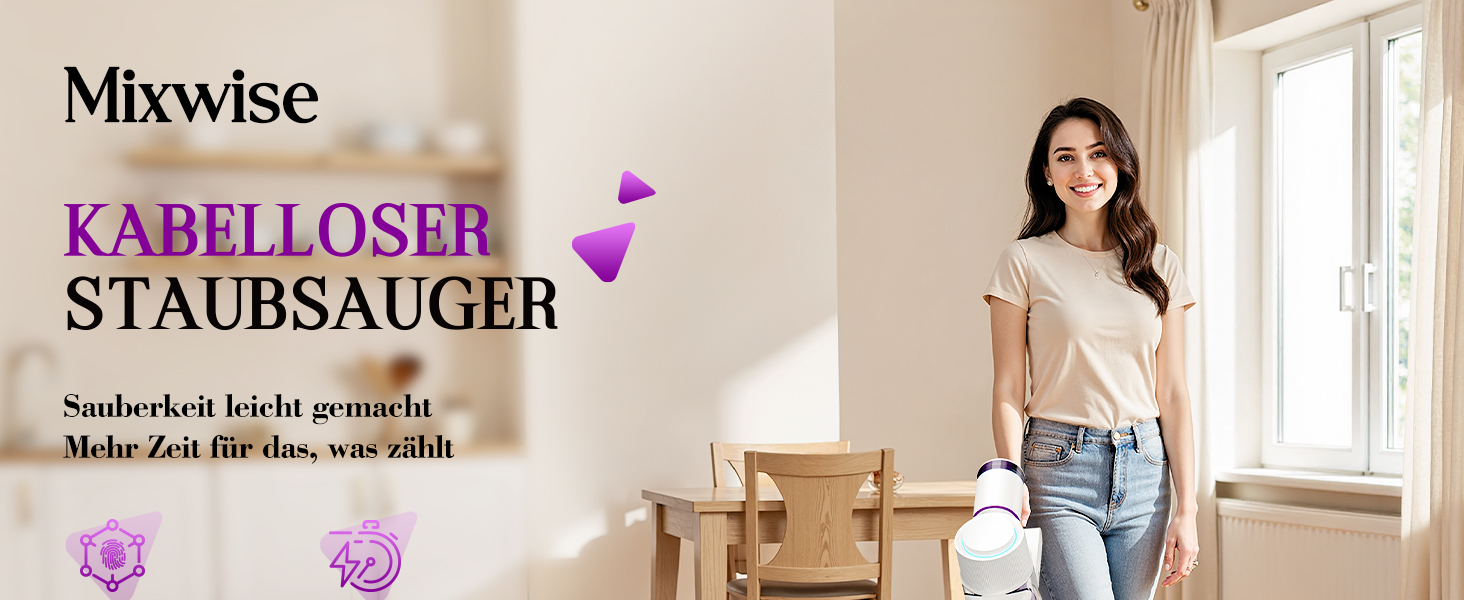 Бездротовий акумуляторний пилосос 45000 Па, 60 хв, 1.75 кг, 6-в-1 з сенсорним екраном, LED-підсвічуванням, антизаплутувальною насадкою та зарядною станцією, 7-шарова фільтрація для шерсті тварин, килимів, твердих поверхонь, авто, білий з фіолетовим