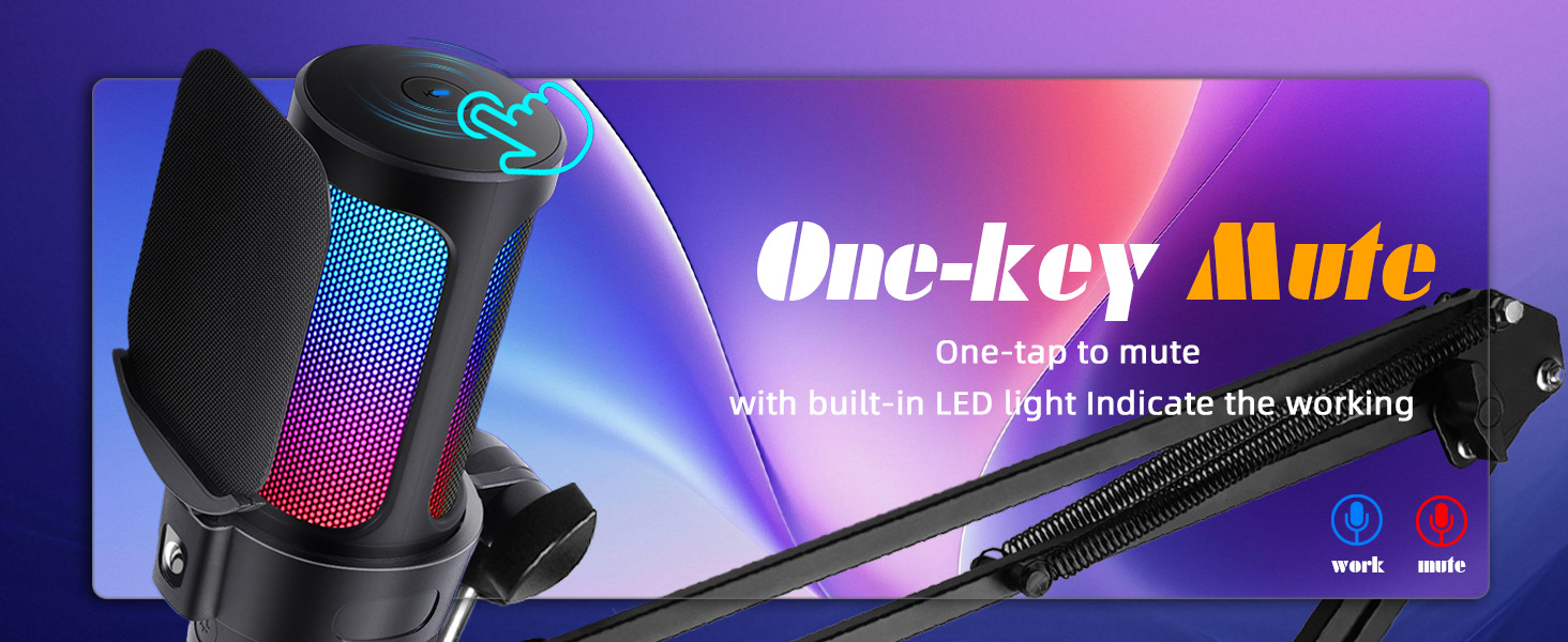 VCOM Gaming Мікрофон з тримачем, USB мікрофон з RGB підсвіткою, поп-фільтром, кнопкою Mute для ПК, подкастів, стрімінгу, YouTube, Mac, PS4, PS5