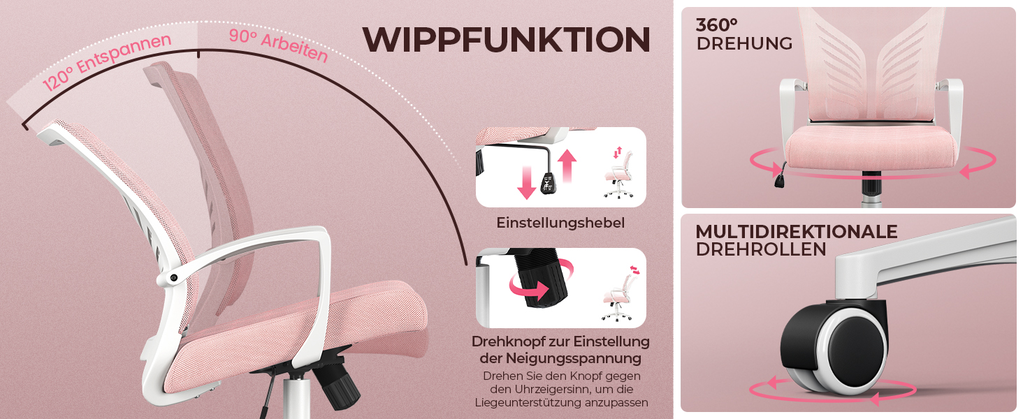 Крісло офісне Yaheetech ергономічне з регулюванням висоти, поворотне, з м'яким сидінням, для офісу/кабінету, світло-рожеве (2 шт)