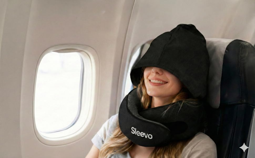 Подушка для шиї в літак з капюшоном та Memory Foam – Подушка-білка, для сну та подорожей – Ергономічна подушка для подорожей, захист від світла та пральна, з сумкою – Чорний (M) Чорний M