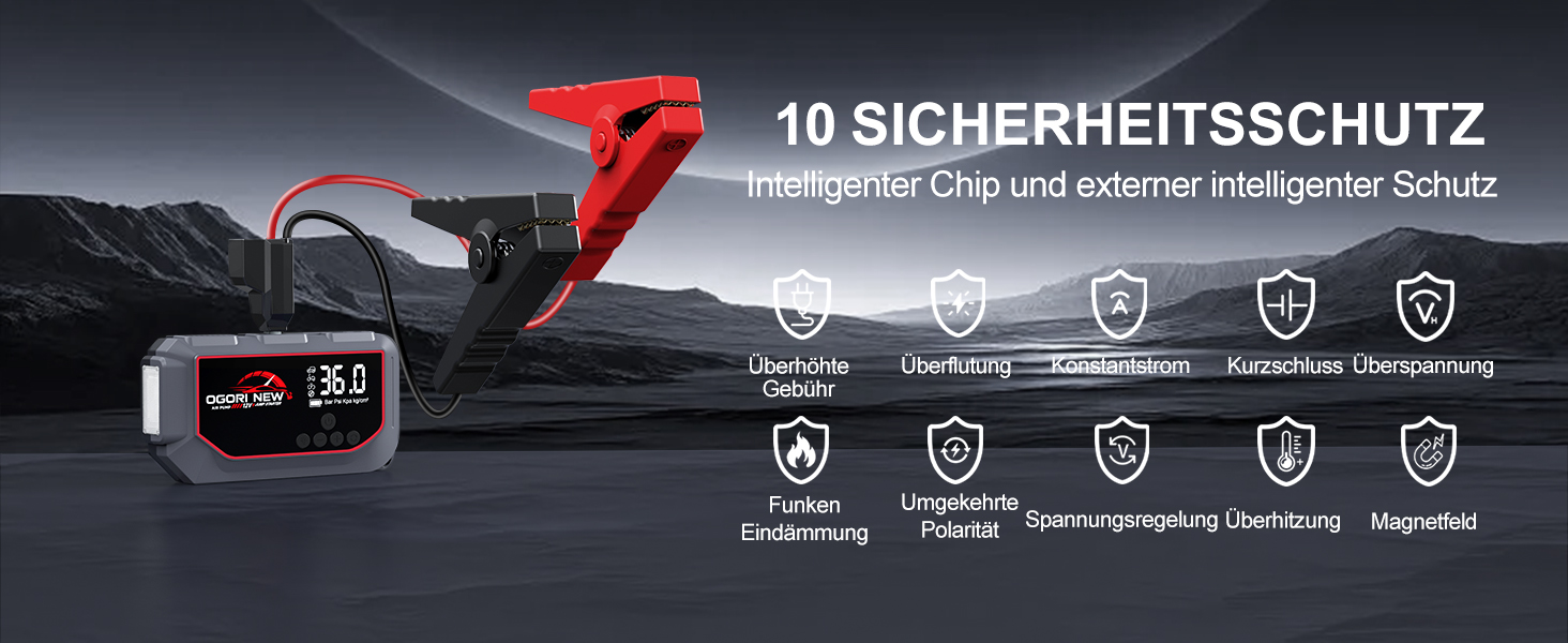 Портативний пусковий пристрій OGORI K33 з компресором 150 PSI та LED ліхтариком для автомобілів 12V (бензин 8L/дизель 10L)