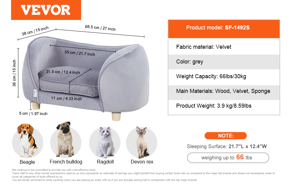 Крісло-лежанка для домашніх тварин VEVOR, лежанка для собак та котів, м'яка велюрова лежанка, витримує до 30 кг, сірий колір, розмір King (британський стандарт)