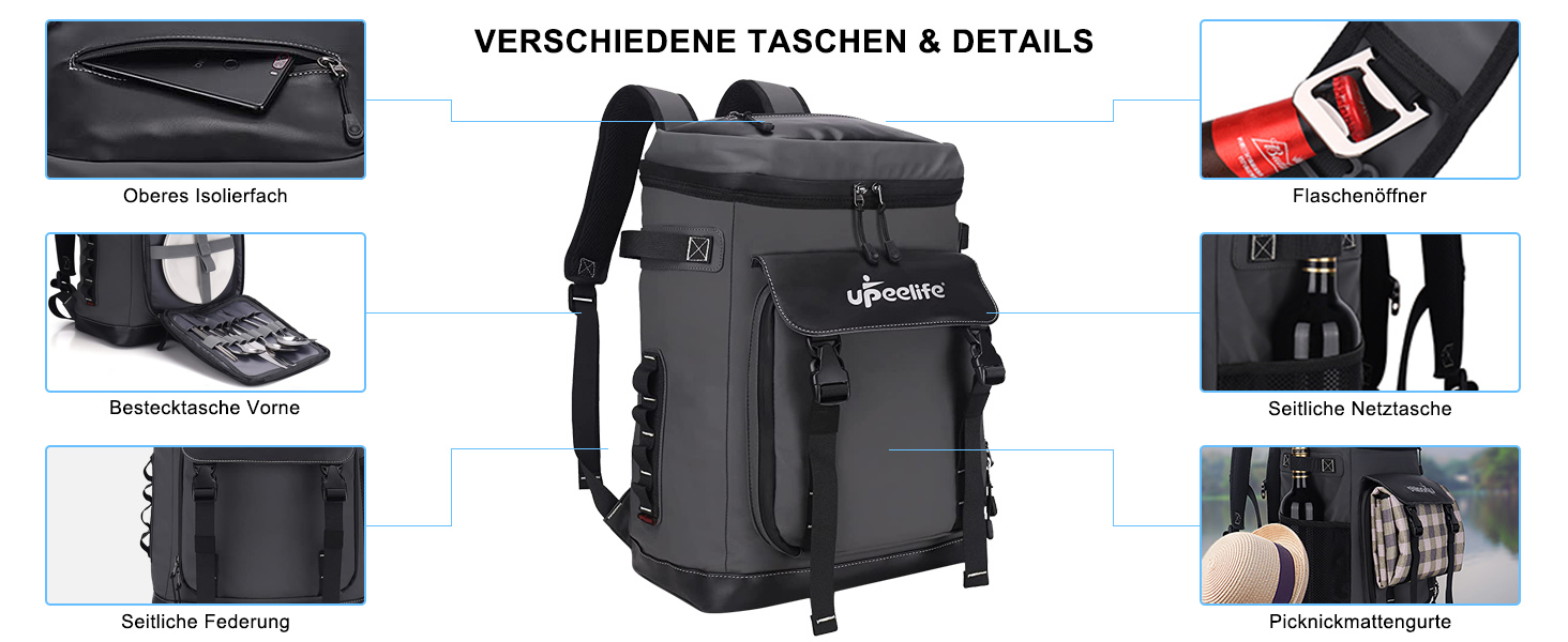 Рюкзак-холодильник Upeelife 30L з килимком для пікніка та кріпленням, водонепроникний, для кемпінгу та пікніків (сірий)