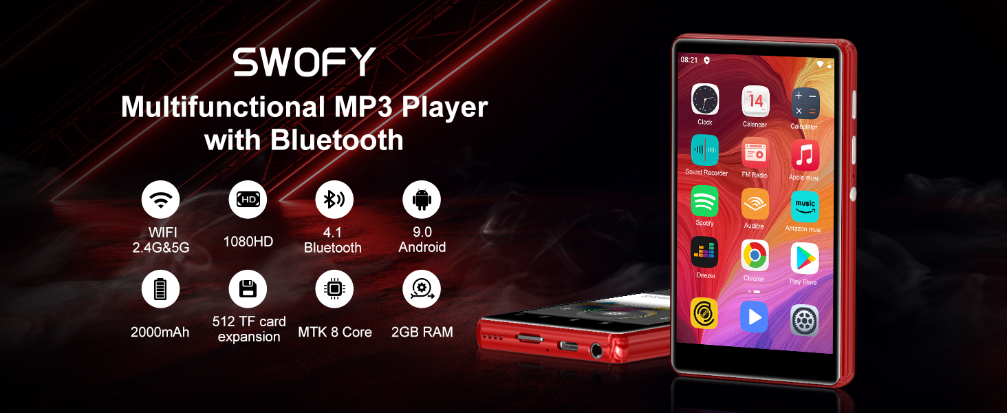 MP3 плеєр SWOFY 80GB з Bluetooth та WiFi, 4.0
