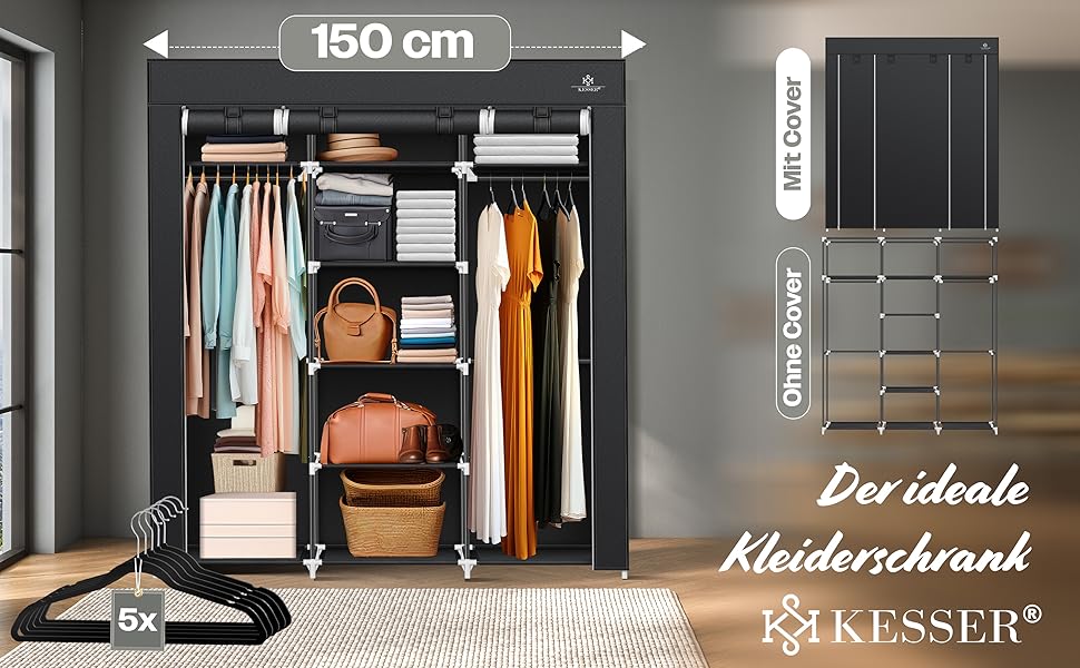 KESSER® Wardrobe Fabric Wardrobe Stable with Clothes Rail & Shelves, Incl. 5x Clothes Hangers, Fabric Folding Wardrobe for Bedroom, Dressing Room Closet with Clothes Rack 150x45x175cm Black