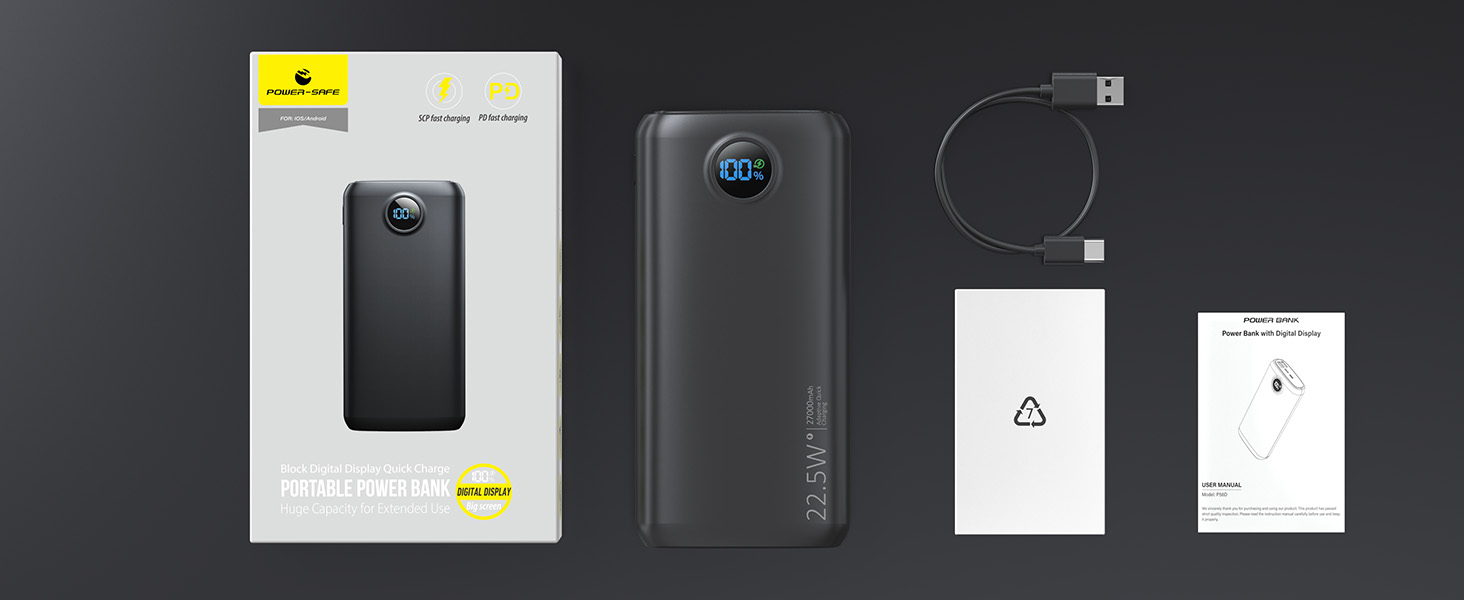 Потужний Power Bank 27000mAh 22.5W з підтримкою PD 3.0 та QC 4.0, зовнішній акумулятор USB-C зі швидкою зарядкою та LED-дисплеєм для iPhone, Samsung, iPad та смартфонів