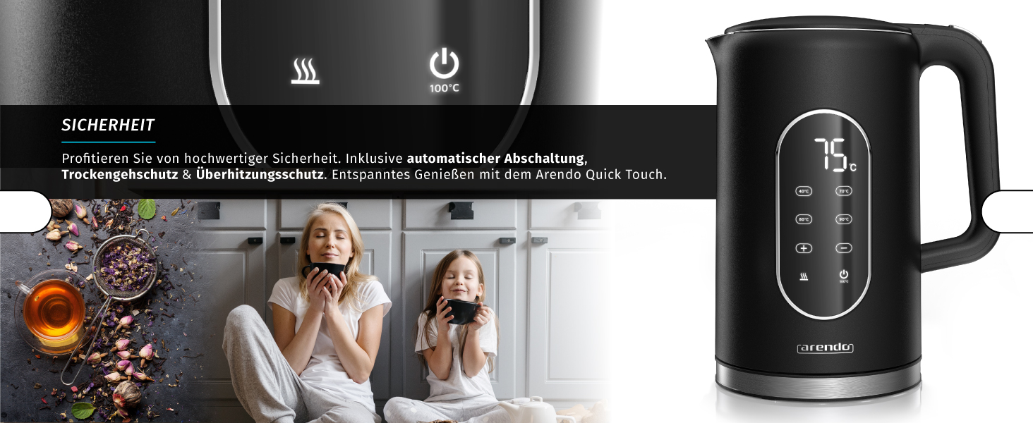 Електричний чайник Arendo з регулюванням температури, нержавіюча сталь, подвійні стінки Cool Touch, дисплей, бездротовий, 2200 Вт, 1.7л, захист від перегріву, функція підтримання тепла, чорний