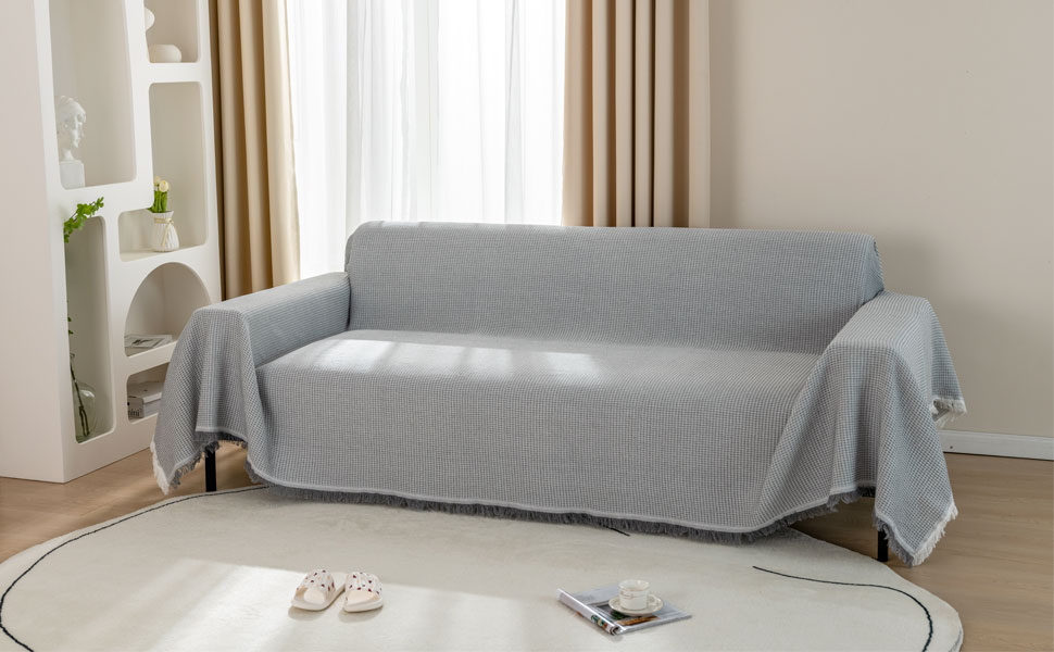 LHGOGO Waffle Throw Blanket 180x300cm Large 3-Seater Sofa Throw Versatile Living Room Blanket as Sofa Throw, Couch Cover, Sofa Cover, and Bedspread with Decorative Tassels - Light Grey