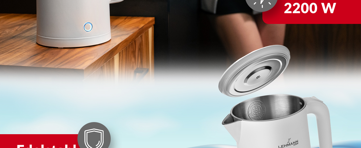 Електричний чайник LEHMANN з нержавіючої сталі 1.7L, 2200W, швидкий нагрів, подвійні стінки, автовимкнення та захист від перегріву, BPA-free, для дитячого харчування, чаю та кави (білий)