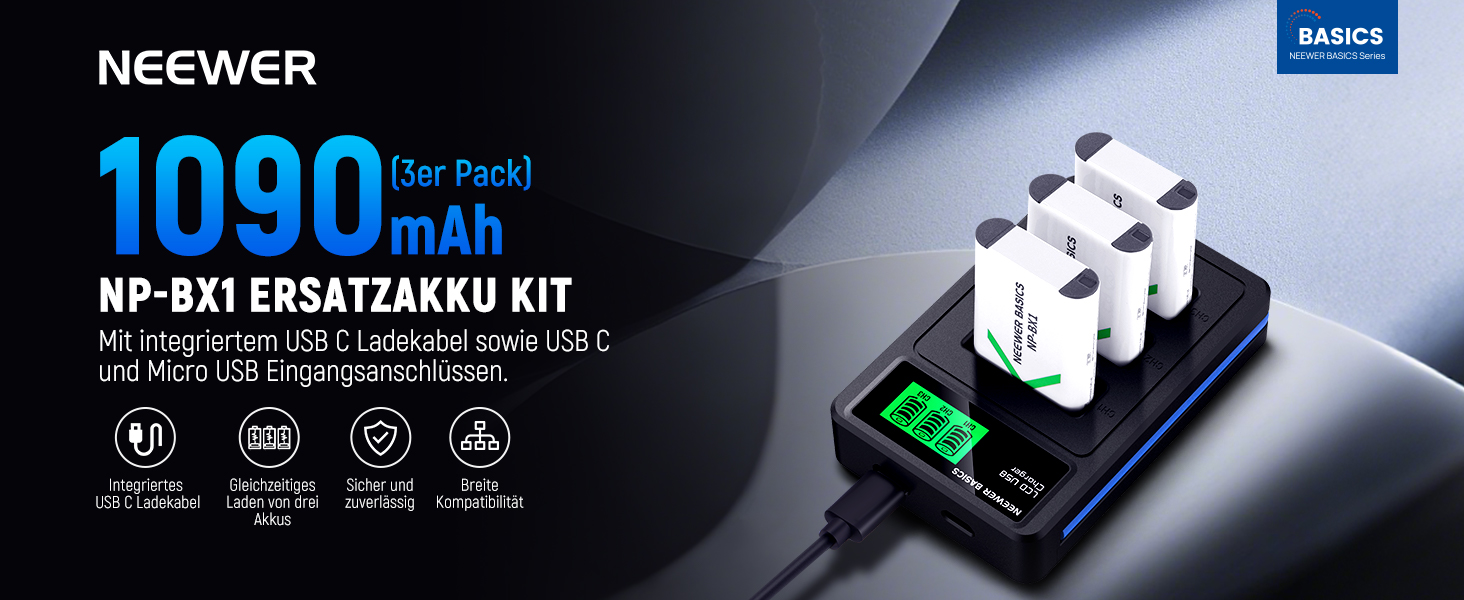 NEEWER 3 шт. Запасні акумулятори NP-BX1 з USB зарядним пристроєм, 1090mAh, сумісні з Sony ZV1, ZV-1 II, RX100, RX100II, RX100M II, HDR-AS15, HDR-AS30