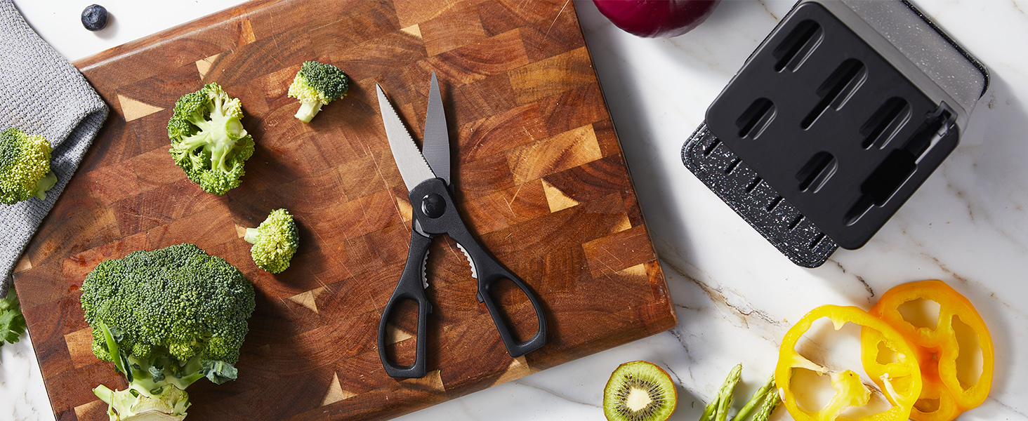 FOHERE 13-Piece Stainless Steel Knife Set with Block & Sharpener - Ergonomic Black Granite Handles