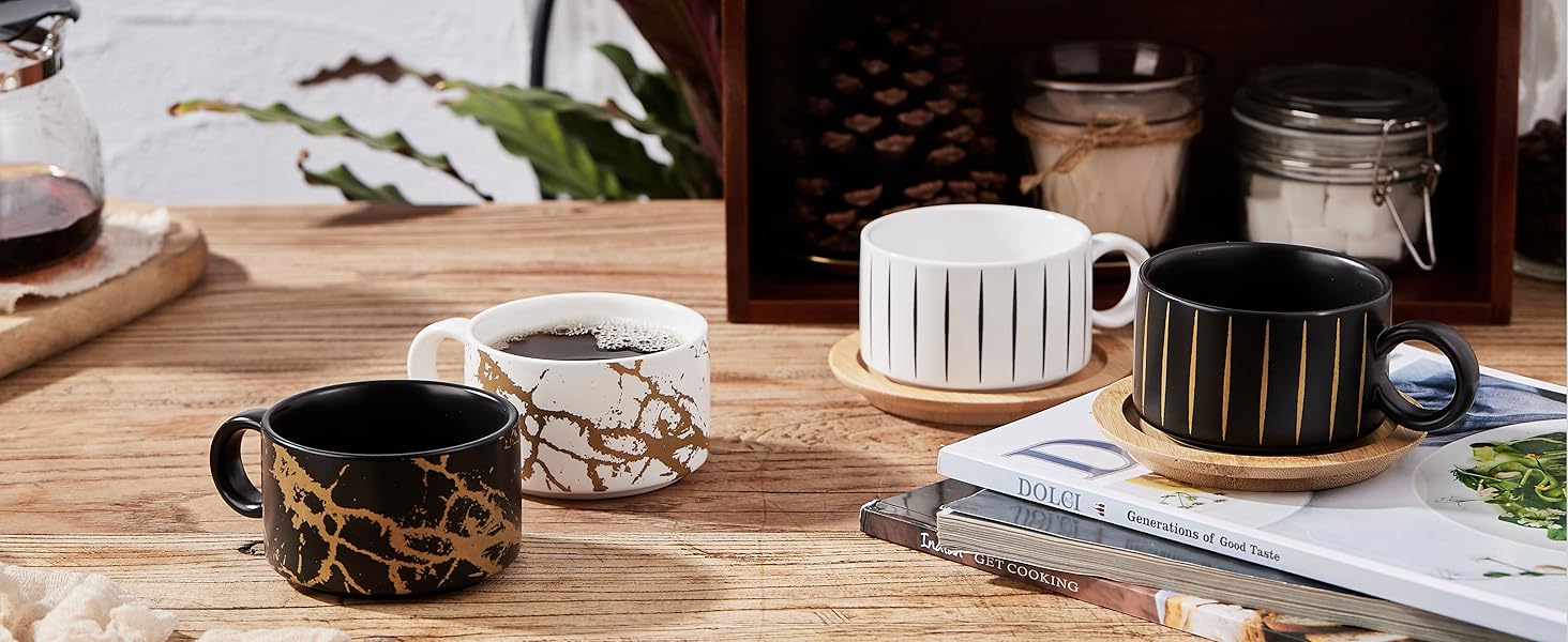 Набір чашок кавових Cappuccino HOME DECOR - 4 шт. по 160 мл з підставками та стійкою - 160 мл, кераміка, для еспресо, капучино, лате, мармурова колекція