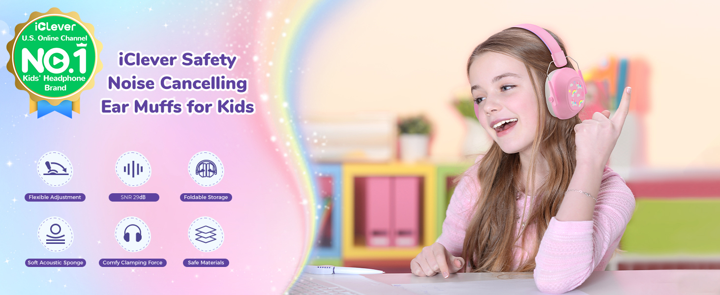 iClever навушники з шумозаглушенням для дітей (Рожеві котячі вушка) (Рожеві та фіолетові)