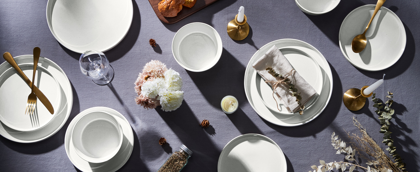 Набір посуду Homikit на 6 осіб: тарілки, миски, десертні тарілки, тарілки для їжі, з реактивною глазур’ю, кераміка, безпечний у мікрохвильовці та посудомийній машині, білий, 18 шт.