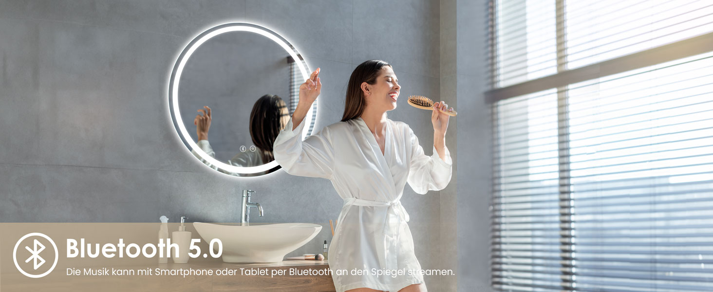 Дзеркало для ванної кімнати Dripex круглої форми з підсвічуванням LED, сенсорне керування, регулювання яскравості, 3 кольори світла, запобігання запотіванню, 60x60 см (Bluetooth, запобігання запотіванню, 3 кольори, регулювання яскравості)