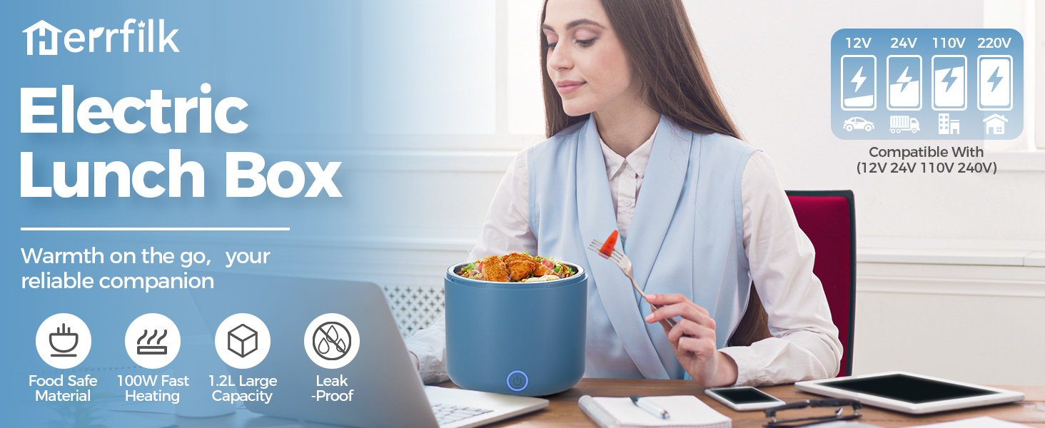 Електрична ланчбокс 80W для дорослих з термоізоляцією, нержавіюча сталь, набір виделки та ложки, 2 контейнери по 1.5л, 3-в-1, 12/24/110~230V, витокозахисний, для авто, вантажівки, офісу (блакитний 1.2л, євро-штекер)