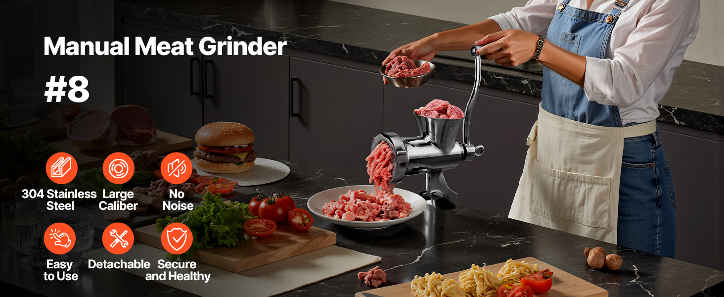 М'ясорубка ручна VEVOR з нержавіючої сталі 304, з присоскою для столу та насадками для ковбас (4.5/8 мм, 4 насадки)