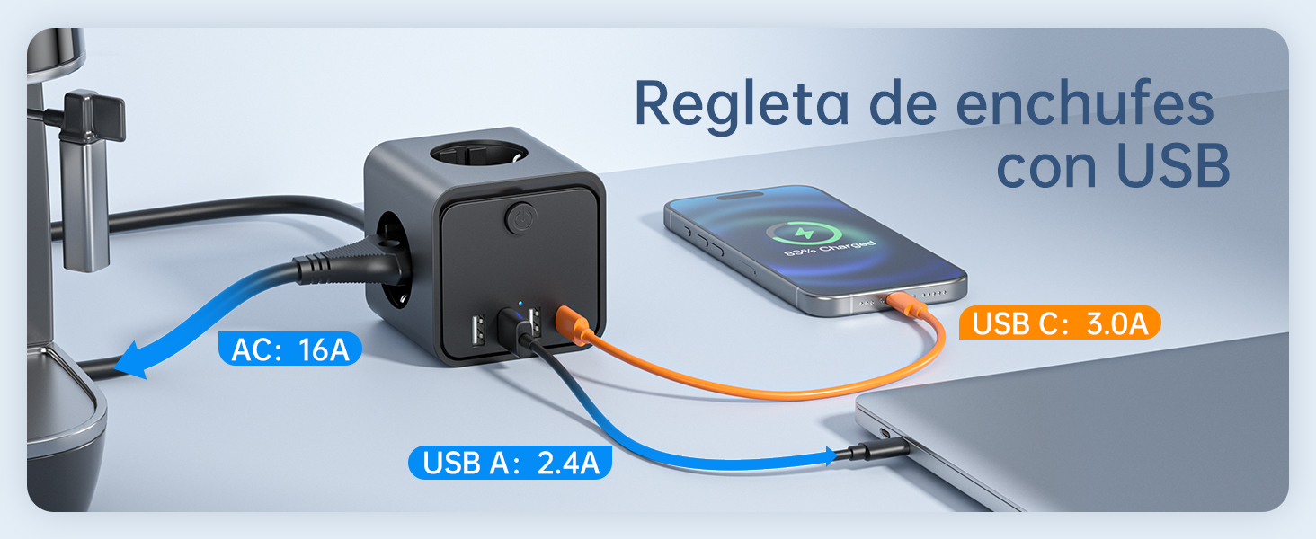 Мережевий фільтр подовжувач 7 в 1 з USB-портами, 3 розетки, з вимикачем, кабель 2 м, чорний — для дому та офісу