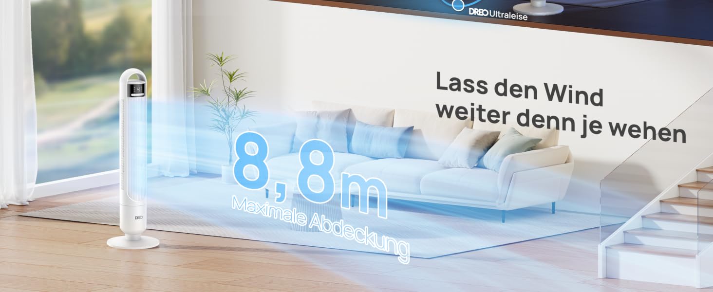Колонний вентилятор DREO Leiser Turmventilator з дистанційним керуванням, 4 швидкості, 3 режими, 90° поворот, таймер 8г, білий, 91 см