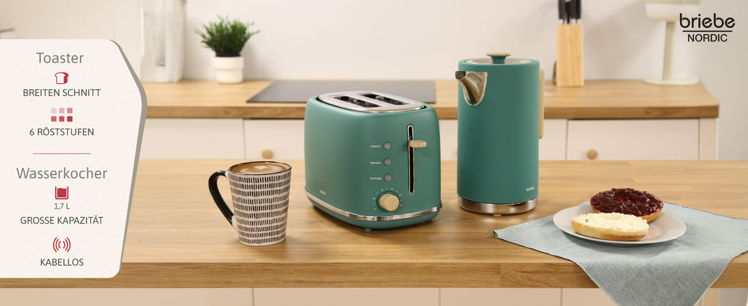 Набір для сніданку Briebe Nordic: тостер на 2 тости з підставою для бургерів та електрочайник 1.7л, 6 режимів підсмажування, зелений
