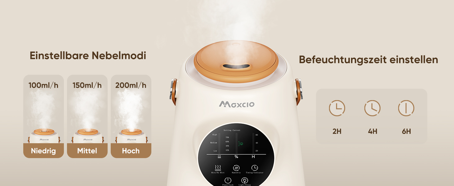 Зволожувач повітря Maxcio 2.5L для дитячої кімнати, охолоджувальний туман, поворотна на 360°, тихий 28dB, великий сенсорний екран, для кімнати, росту рослин, білий