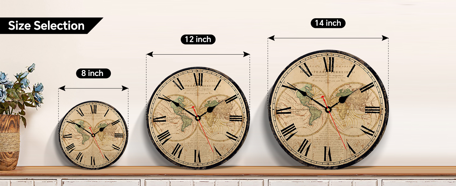 TAHEAT World Map Wall Clock, Large Classic Wooden Clock, Silent Non-Ticking Easy to Read for Home/Office/School, 34 cm