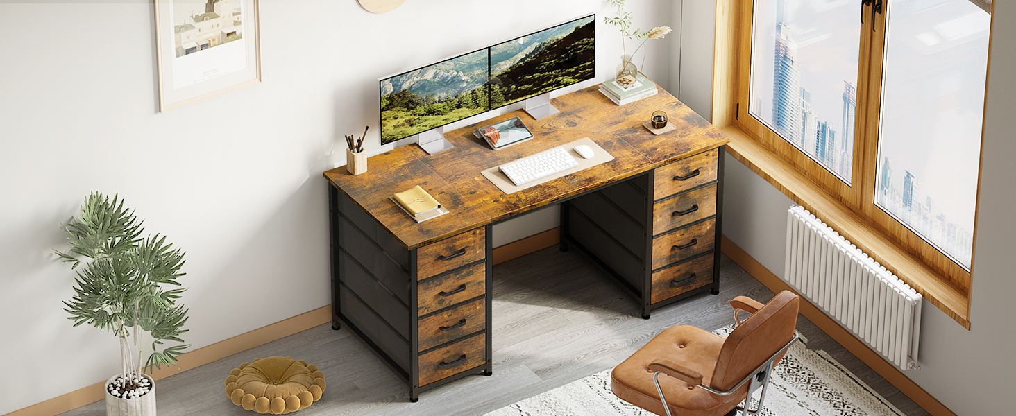 Комп'ютерний стіл Coleshome з 8 тканинними ящиками, 120x48 см, коричневий | Стіл для офісу, дому, вітальні