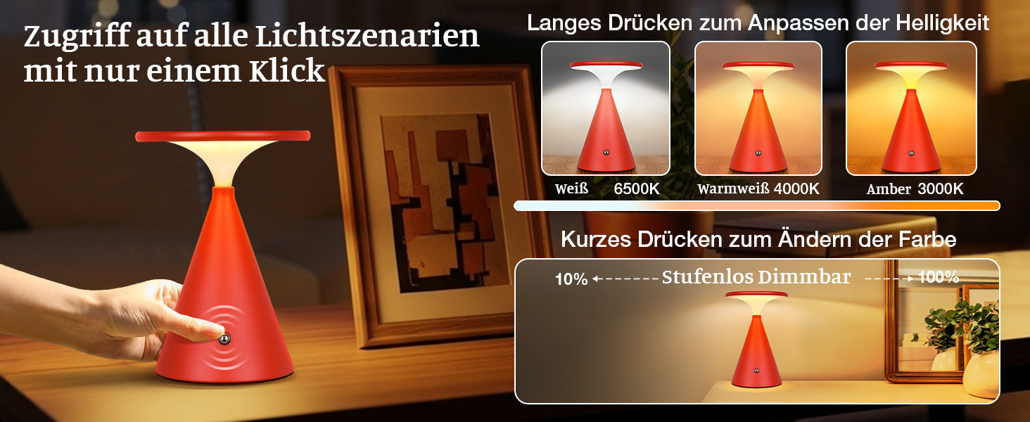 Настільна LED лампа акумуляторна бездротова, 4000mAh, димується, сенсорна, 3 кольори, для дому та вулиці, 2 в упаковці (Червона)