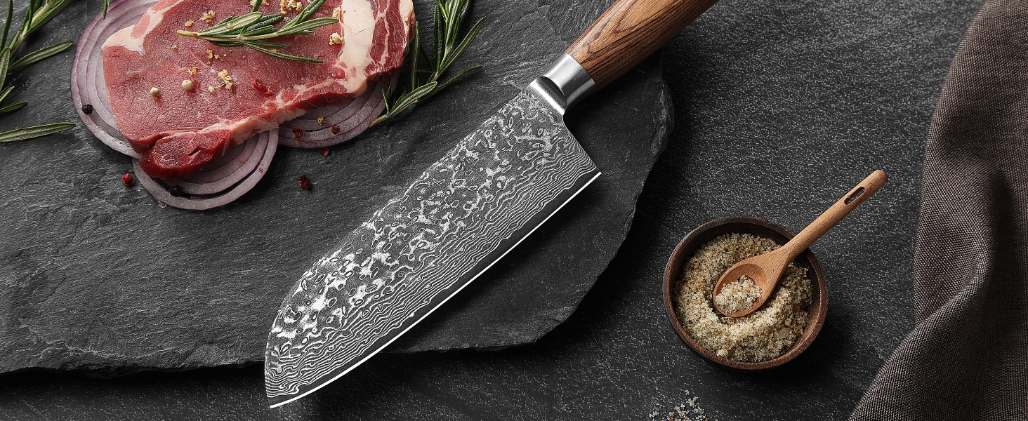 Ніж Santoku Wakoli EDIB Pro Дамаск (VG10) 17 см, рукоять Pakkawood, в подарунковій коробці – для м'яса, риби, овочів