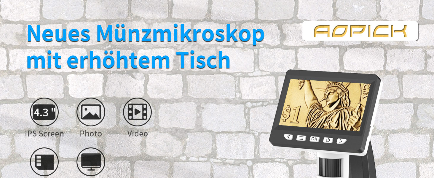 Цифровий мікроскоп AOPICK з LCD екраном, роздільна здатність 50X-500X, 4.3-дюймовий 1080P USB мікроскоп з 8 регульованими LED-лампами, для ПК, дорослих/дітей, сумісний з MacOS Windows (темно-сірий)