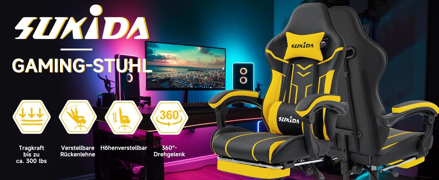 Ігрове крісло SUKIDA Ergonomic Gaming Chair з підніжкою та підтримкою попереку, комп'ютерне офісне крісло (Чорно-жовте)